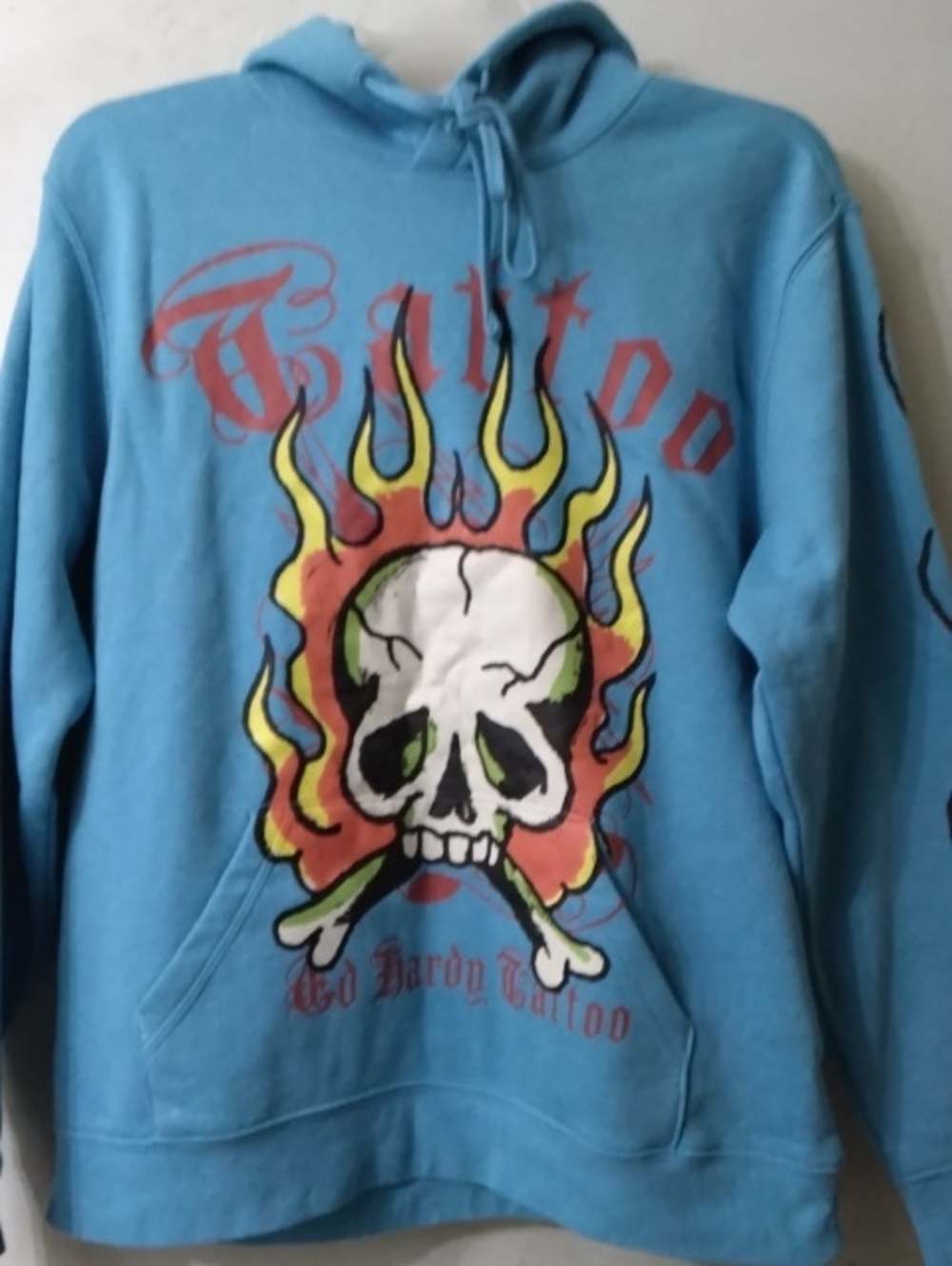 Ed Hardy Blue Crewneck Hoodie with Flaming Skull Graphic Men's Sz Large